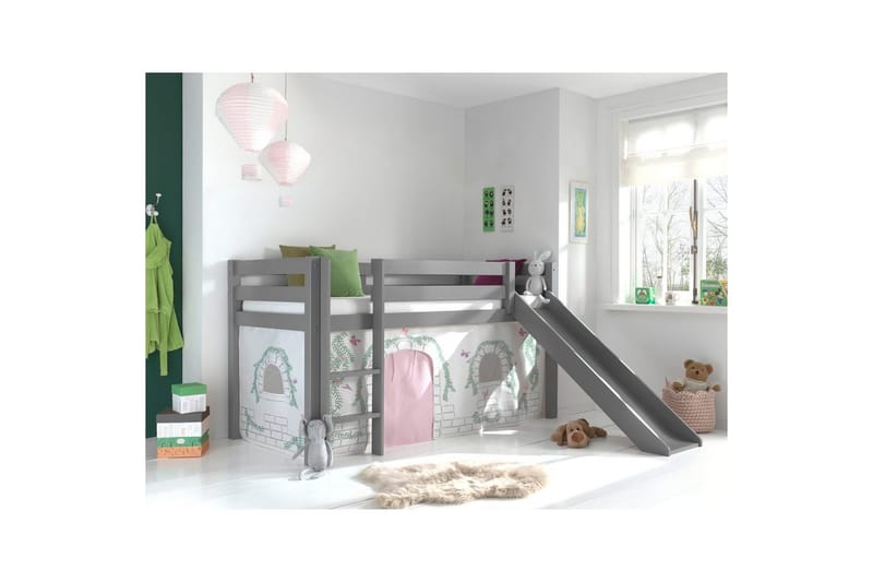Halvhøj seng med gardin Pino Birdy Grå, Grå, Med rutsjebane, Uden tunnel, Ingen lommer - Grå, Grå, Med rutsjebane, Uden tunnel, Ingen lommer - Møbler - Børnemøbler - Børneseng & juniorseng - Højseng børn