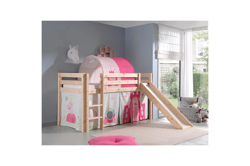 Halvhøj seng med gardin Pino Prinsesse Naturlig, Naturlig, Med rutsjebane, Prinsesse, Ingen lommer - Naturlig, Naturlig, Med rutsjebane, Prinsesse, Ingen lommer - Møbler - Børnemøbler - Børneseng & juniorseng - Højseng børn