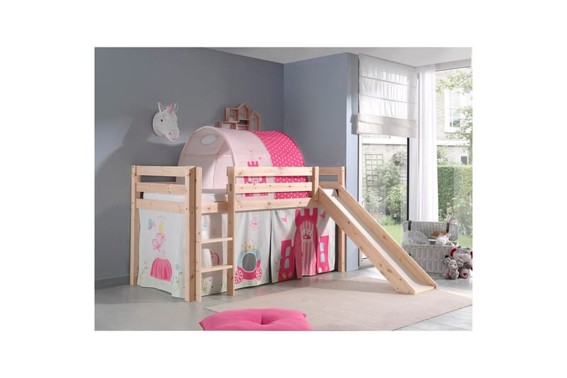 Halvhøj seng med gardin Pino Prinsesse Naturlig, Naturlig, Med rutsjebane, Prinsesse, Ingen lommer - Naturlig, Naturlig, Med rutsjebane, Prinsesse, Ingen lommer - Møbler - Børnemøbler - Børneseng & juniorseng - Højseng børn
