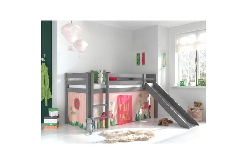 Halvhøj seng med gardin Pino Forår Grå, Grå, Med rutsjebane, Uden tunnel, Uden lommer - Grå, Grå, Med rutsjebane, Uden tunnel, Uden lommer - Møbler - Børnemøbler - Børneseng & juniorseng - Højseng børn