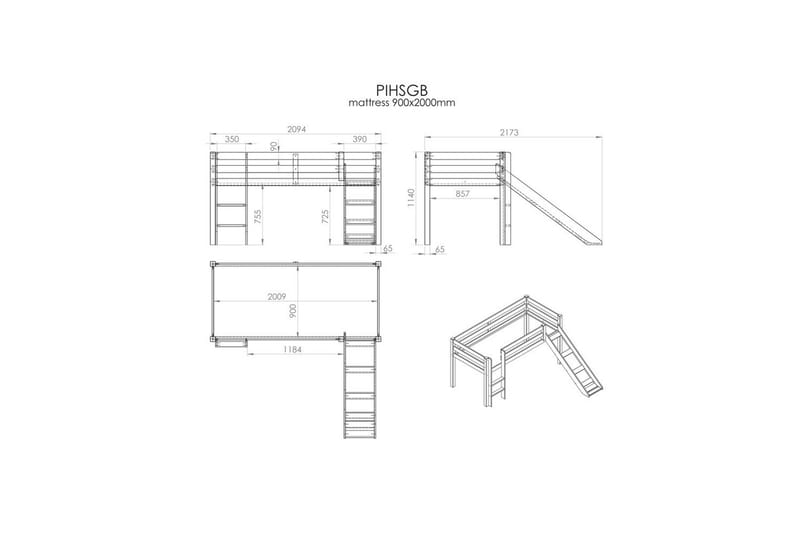 Halvhøj seng med gardin Pino Birdy Hvid, Hvid, Med rutsjebane, Uden tunnel, Ingen lommer - Hvid, Hvid, Med rutsjebane, Uden tunnel, Ingen lommer - Møbler - Børnemøbler - Børneseng & juniorseng - Højseng børn