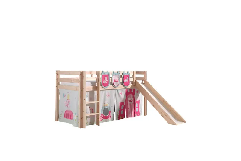 Halvhøj seng med gardin Pino Prinsesse Naturlig, Naturlig, Med rutsjebane, Uden tunnel, 3 - Naturlig, Naturlig, Med rutsjebane, Uden tunnel, 3 - Møbler - Børnemøbler - Børneseng & juniorseng - Højseng børn