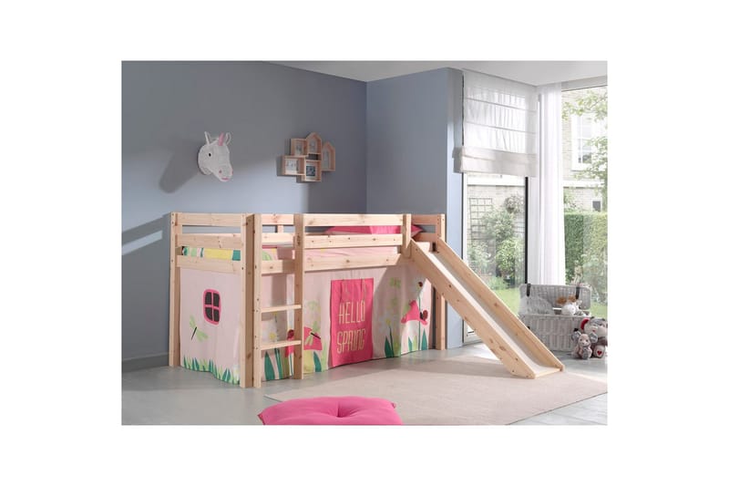 Halvhøj seng med gardin Pino Forår Naturlig, Naturlig, Med rutsjebane, Uden tunnel, Uden lommer - Naturlig, Naturlig, Med rutsjebane, Uden tunnel, Uden lommer - Møbler - Børnemøbler - Børneseng & juniorseng - Højseng børn