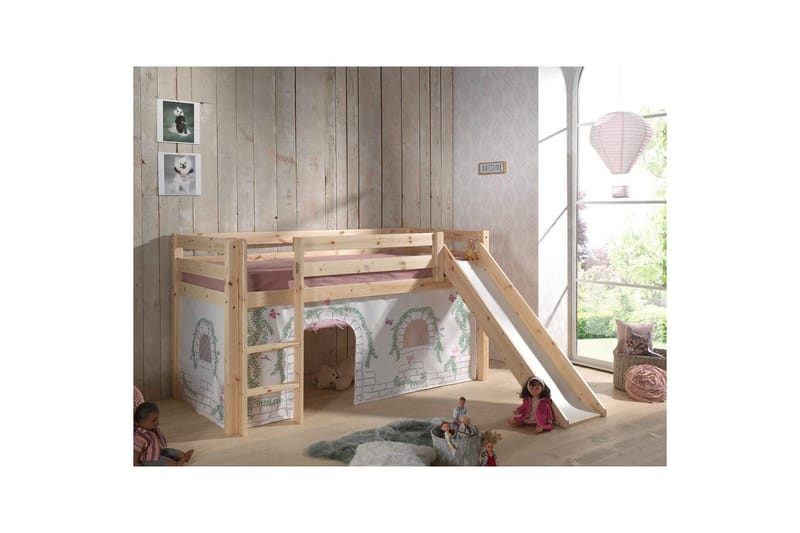 Halvhøj seng med gardin Pino Birdy Naturlig, Naturlig, Med rutsjebane, Med rutsjebane, Ingen lommer - Naturlig, Naturlig, Med rutsjebane, Med rutsjebane, Ingen lommer - Møbler - Børnemøbler - Børneseng & juniorseng - Højseng børn