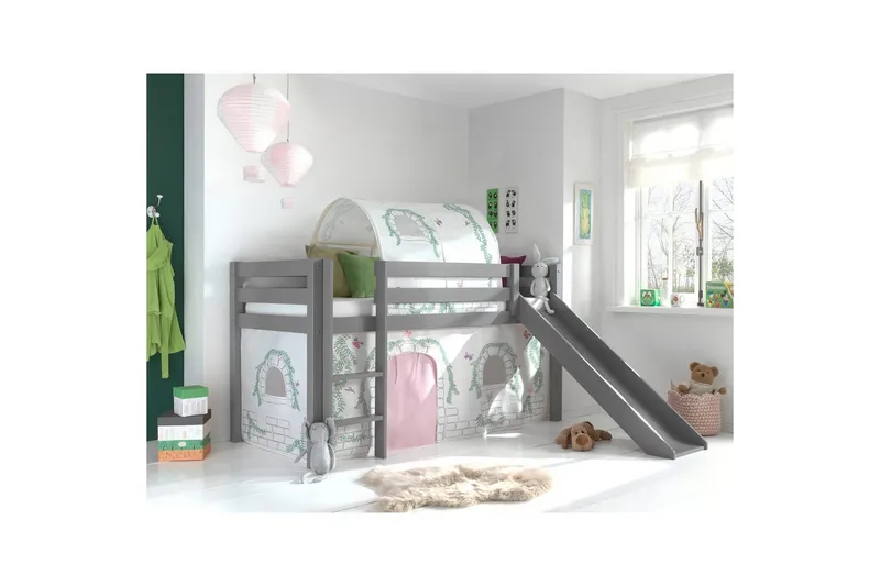 Halvhøj seng med gardin Pino Birdy Grå, Grå, Med rutsjebane, Birdy, Ingen lommer - Grå, Grå, Med rutsjebane, Birdy, Ingen lommer - Møbler - Børnemøbler - Børneseng & juniorseng - Højseng børn