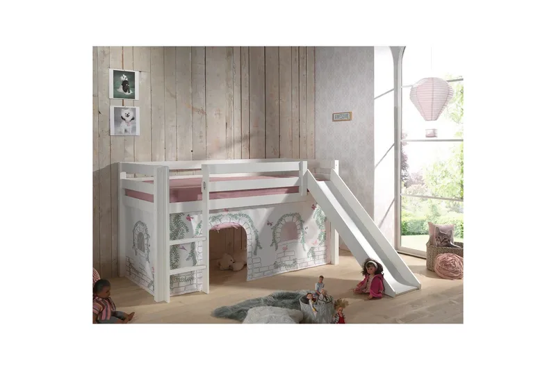 Halvhøj seng med gardin Pino Birdy Hvid, Hvid, Med rutsjebane, Uden tunnel, Ingen lommer - Hvid, Hvid, Med rutsjebane, Uden tunnel, Ingen lommer - Møbler - Børnemøbler - Børneseng & juniorseng - Højseng børn
