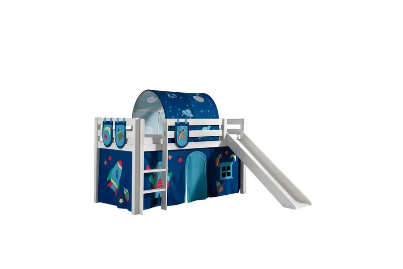 Halvhøj seng med gardin Pino Astro Hvid, Hvid, Med rutsjebane, Med tunnel, 3, Hvid, Hvid, Med rutsjebane, Med tunnel, 3