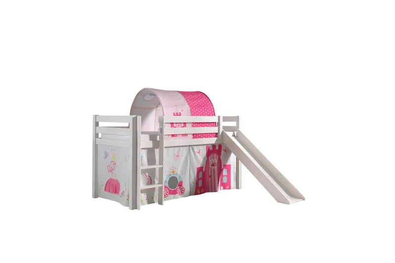 Halvhøj seng med gardin Pino Prinsesse Hvid, Hvid, Med rutsjebane, Prinsesse, Ingen lommer - Hvid, Hvid, Med rutsjebane, Prinsesse, Ingen lommer - Møbler - Børnemøbler - Børneseng & juniorseng - Højseng børn