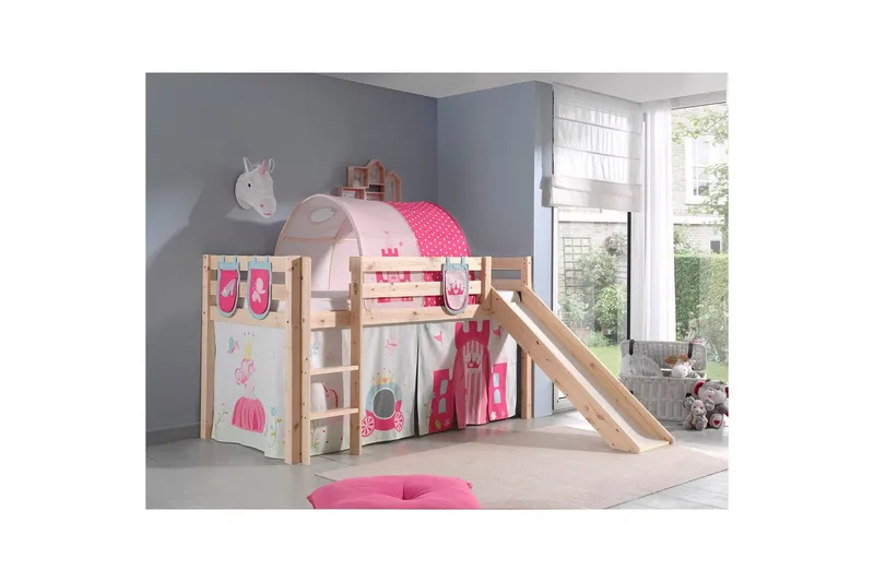 Halvhøj seng med gardin Pino Prinsesse Naturlig, Naturlig, Med rutsjebane, Prinsesse, 3 - Naturlig, Naturlig, Med rutsjebane, Prinsesse, 3 - Møbler - Børnemøbler - Børneseng & juniorseng - Højseng børn