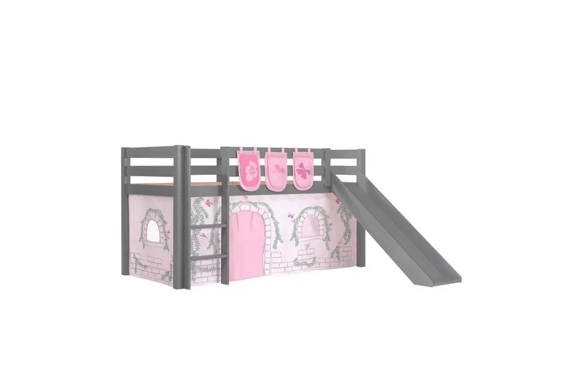 Halvhøj seng med gardin Pino Birdy Grå, Grå, Med rutsjebane, Uden tunnel, 3 - Grå, Grå, Med rutsjebane, Uden tunnel, 3 - Møbler - Børnemøbler - Børneseng & juniorseng - Højseng børn