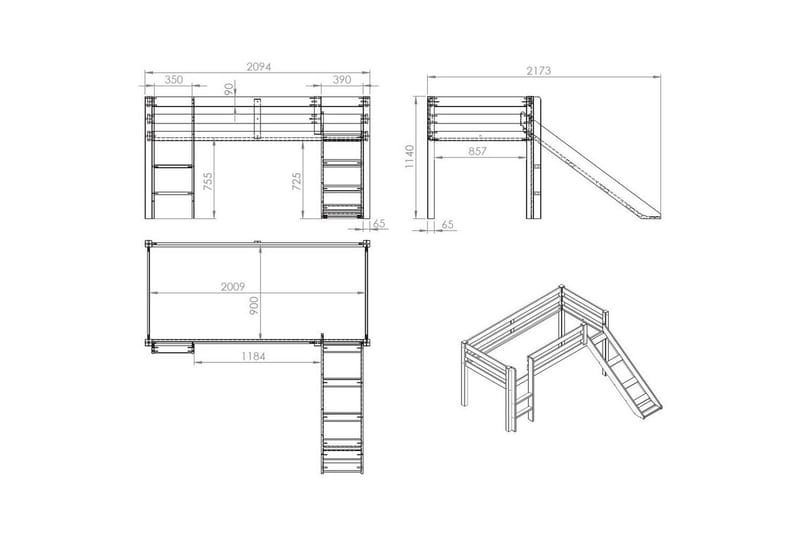 Halvhøj seng med gardin Pino Forår Naturlig, Naturlig, Med rutsjebane, Uden tunnel, Uden lommer - Naturlig, Naturlig, Med rutsjebane, Uden tunnel, Uden lommer - Møbler - Børnemøbler - Børneseng & juniorseng - Højseng børn