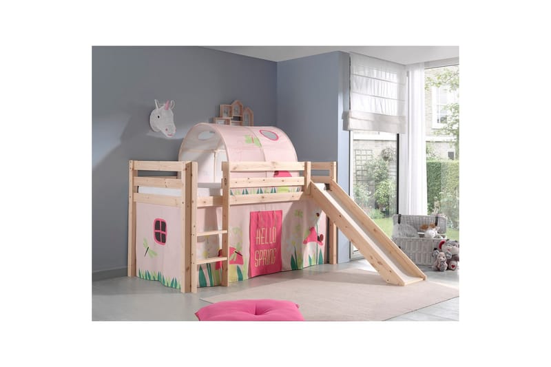 Halvhøj seng med gardin Pino Forår Naturlig, Naturlig, Med rutsjebane, Forår, Fjeder, Uden lommer - Naturlig, Naturlig, Med rutsjebane, Forår, Fjeder, Uden lommer - Møbler - Børnemøbler - Børneseng & juniorseng - Højseng børn