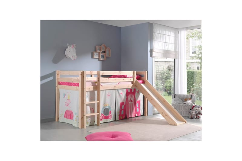 Halvhøj seng med gardin Pino Prinsesse Naturlig, Naturlig, Med rutsjebane, Ingen tunnel, Ingen lommer - Naturlig, Naturlig, Med rutsjebane, Ingen tunnel, Ingen lommer - Møbler - Børnemøbler - Børneseng & juniorseng - Højseng børn