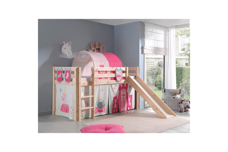 Halvhøj seng med gardin Pino Prinsesse Naturlig, Naturlig, Med rutsjebane, Prinsesse, 3 - Naturlig, Naturlig, Med rutsjebane, Prinsesse, 3 - Møbler - Børnemøbler - Børneseng & juniorseng - Højseng børn