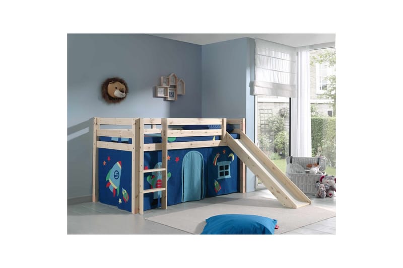Halvhøj seng med gardin Pino Astro Naturlig, Naturlig, Med rutsjebane, Uden tunnel, Ingen lommer - Naturlig, Naturlig, Med rutsjebane, Uden tunnel, Ingen lommer - Møbler - Børnemøbler - Børneseng & juniorseng - Højseng børn