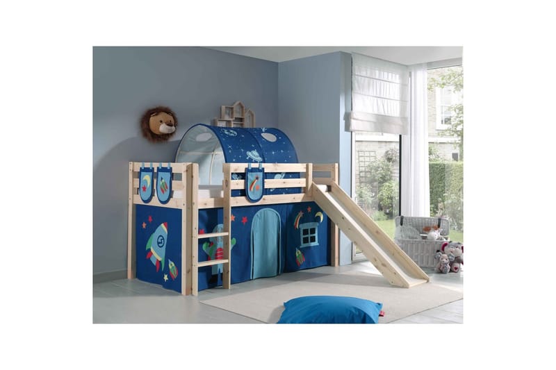 Halvhøj seng med gardin Pino Astro Naturlig, Naturlig, Med rutsjebane, Med tunnel, 3 - Naturlig, Naturlig, Med rutsjebane, Med tunnel, 3 - Møbler - Børnemøbler - Børneseng & juniorseng - Højseng børn