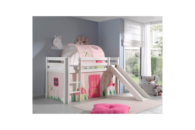 Halvhøj seng med gardin Pino Forår Hvid, Hvid, Med rutsjebane, Forår, Fjeder, Uden lommer - Hvid, Hvid, Med rutsjebane, Forår, Fjeder, Uden lommer - Møbler - Børnemøbler - Børneseng & juniorseng - Højseng børn