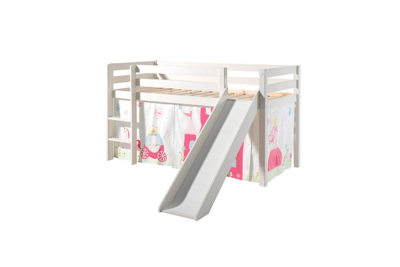 Halvhøj seng med gardin Pino Prinsesse Hvid, Hvid, Med rutsjebane, Uden tunnel, Ingen lommer, Hvid, Hvid, Med rutsjebane, Uden tunnel, Ingen lommer