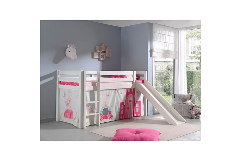 Halvhøj seng med gardin Pino Prinsesse Hvid, Hvid, Med rutsjebane, Uden tunnel, Ingen lommer - Hvid, Hvid, Med rutsjebane, Uden tunnel, Ingen lommer - Møbler - Børnemøbler - Børneseng & juniorseng - Højseng børn