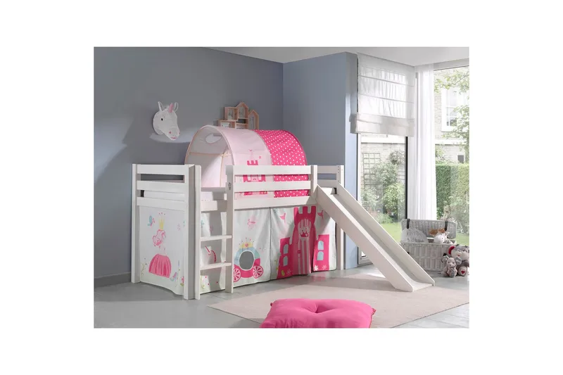Halvhøj seng med gardin Pino Prinsesse Hvid, Hvid, Med rutsjebane, Prinsesse, Ingen lommer - Hvid, Hvid, Med rutsjebane, Prinsesse, Ingen lommer - Møbler - Børnemøbler - Børneseng & juniorseng - Højseng børn