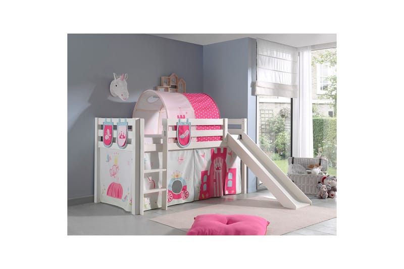 Halvhøj seng med gardin Pino Prinsesse Hvid, Hvid, Med rutsjebane, Prinsesse, 3 - Hvid, Hvid, Med rutsjebane, Prinsesse, 3 - Møbler - Børnemøbler - Børneseng & juniorseng - Højseng børn