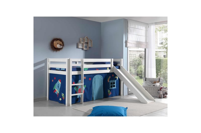 Halvhøj seng med gardin Pino Astro Hvid, Hvid, Med rutsjebane, Uden tunnel, Ingen lommer - Hvid, Hvid, Med rutsjebane, Uden tunnel, Ingen lommer - Møbler - Børnemøbler - Børneseng & juniorseng - Højseng børn