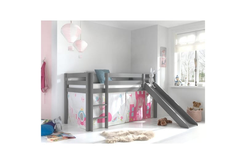 Halvhøj seng med gardin Pino Prinsesse Grå, Grå, Med rutsjebane, Uden tunnel, Ingen lommer - Grå, Grå, Med rutsjebane, Uden tunnel, Ingen lommer - Møbler - Børnemøbler - Børneseng & juniorseng - Køjeseng børn