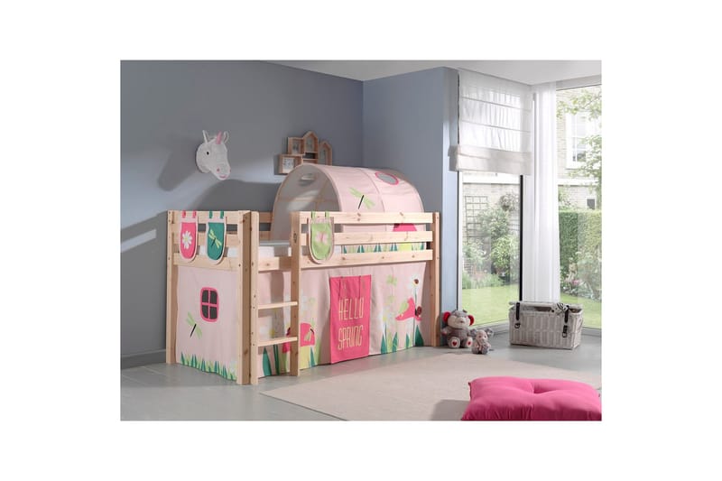 Halvhøj seng med gardin Pino Forår Naturlig, Naturlig, Uden rutsjebane, Forår, Fjeder, 3 - Naturlig, Naturlig, Uden rutsjebane, Forår, Fjeder, 3 - Møbler - Børnemøbler - Børneseng & juniorseng - Højseng børn