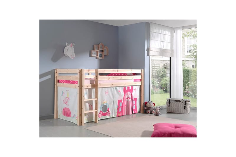 Halvhøj seng med gardin Pino Prinsesse Naturlig, Naturlig, Uden rutsjebane, Uden tunnel, Ingen lommer - Naturlig, Naturlig, Uden rutsjebane, Uden tunnel, Ingen lommer - Møbler - Børnemøbler - Børneseng & juniorseng - Højseng børn