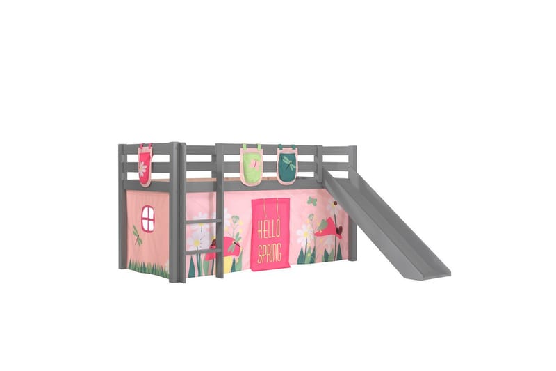 Halvhøj seng med gardin Pino Forår Grå, Grå, Med rutsjebane, Uden tunnel, 3, Grå, Grå, Med rutsjebane, Uden tunnel, 3