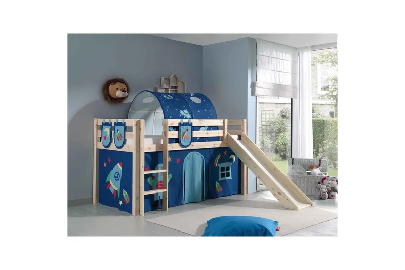 Halvhøj seng med gardin Pino Astro Naturlig, Naturlig, Med rutsjebane, Med tunnel, 3 - Naturlig, Naturlig, Med rutsjebane, Med tunnel, 3 - Møbler - Børnemøbler - Børneseng & juniorseng - Højseng børn