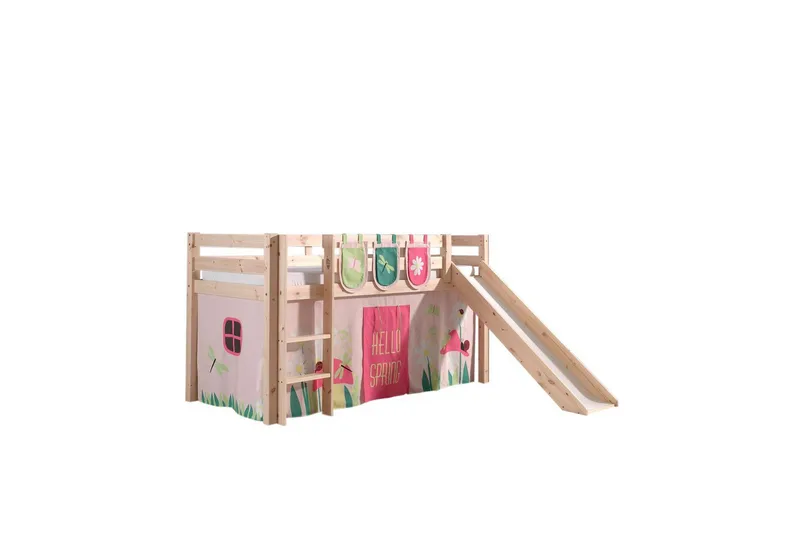 Halvhøj seng med gardin Pino Forår Naturlig, Naturlig, Med rutsjebane, Uden tunnel, 3, Naturlig, Naturlig, Med rutsjebane, Uden tunnel, 3