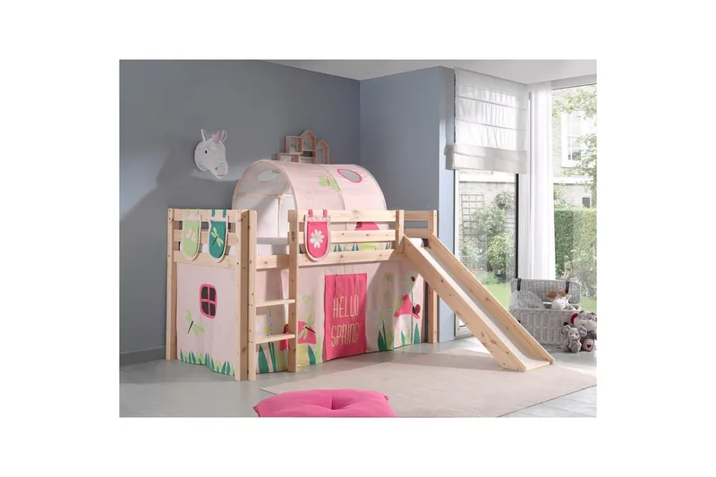 Halvhøj seng med gardin Pino Forår Naturlig, Naturlig, Med rutsjebane, Forår, Fjeder, 3 - Naturlig, Naturlig, Med rutsjebane, Forår, Fjeder, 3 - Møbler - Børnemøbler - Børneseng & juniorseng - Husseng