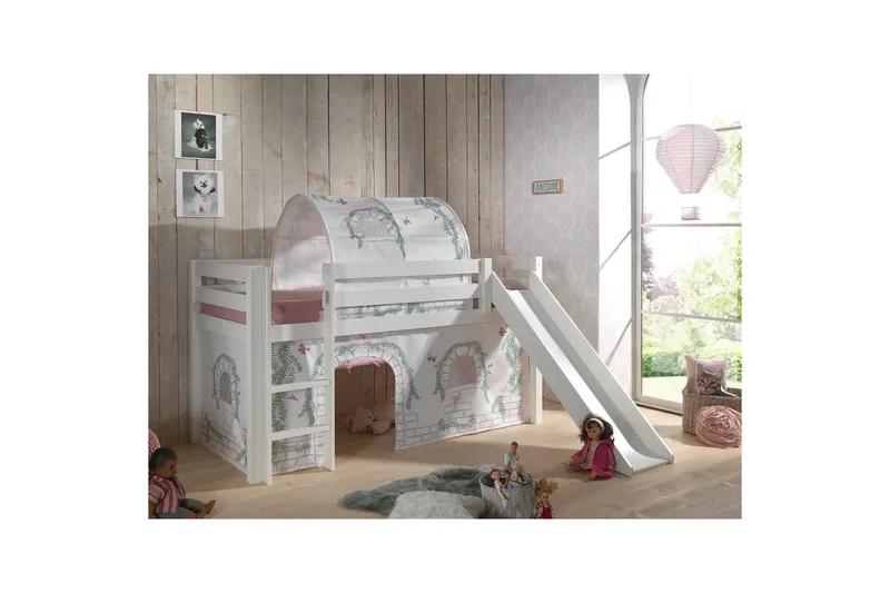 Halvhøj seng med gardin Pino Birdy Hvid, Hvid, Med rutsjebane, Birdy, Ingen lommer - Hvid, Hvid, Med rutsjebane, Birdy, Ingen lommer - Møbler - Børnemøbler - Børneseng & juniorseng - Højseng børn