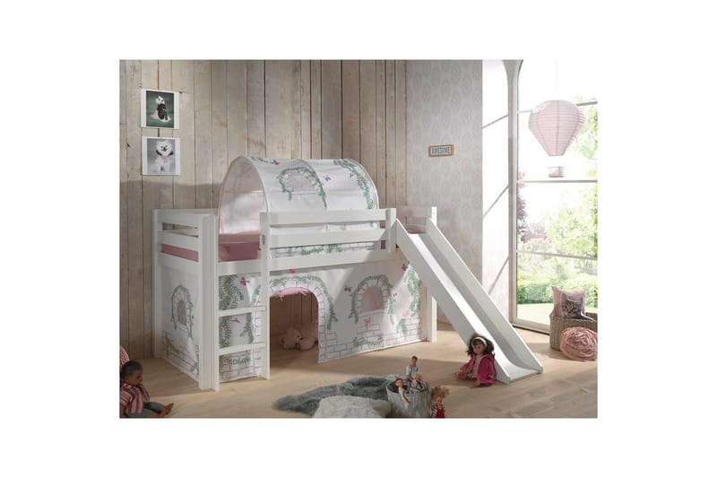 Halvhøj seng med gardin Pino Birdy Hvid, Hvid, Med rutsjebane, Birdy, Ingen lommer - Hvid, Hvid, Med rutsjebane, Birdy, Ingen lommer - Møbler - Børnemøbler - Børneseng & juniorseng - Højseng børn