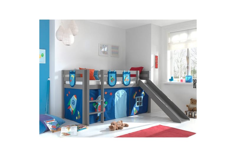 Halvhøj seng med gardin Pino Astro Grå, Grå, Med rutsjebane, Uden tunnel, 3 - Grå, Grå, Med rutsjebane, Uden tunnel, 3 - Møbler - Børnemøbler - Børneseng & juniorseng - Højseng børn