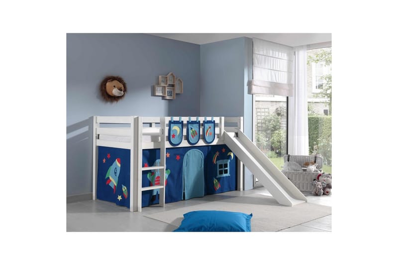 Halvhøj seng med gardin Pino Astro Hvid, Hvid, Med rutsjebane, Uden tunnel, 3 - Hvid, Hvid, Med rutsjebane, Uden tunnel, 3 - Møbler - Børnemøbler - Børneseng & juniorseng - Højseng børn