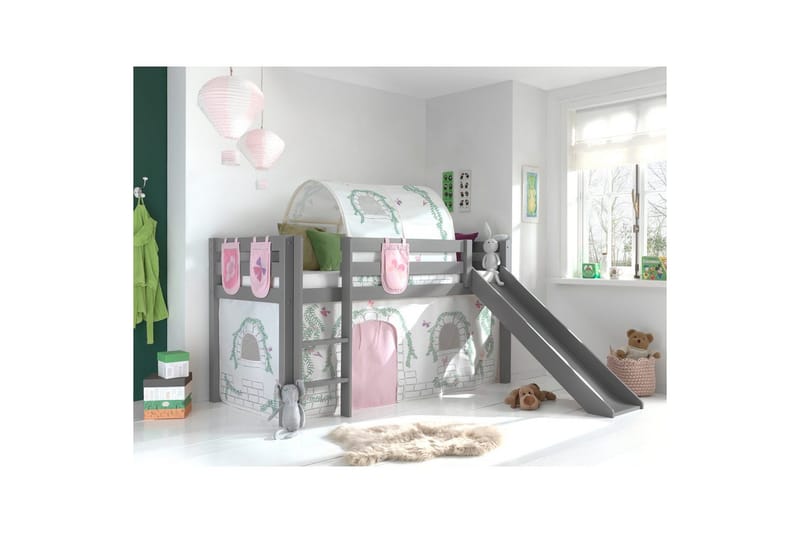 Halvhøj seng med gardin Pino Birdy Grå, Grå, Med rutsjebane, Birdy, 3 - Grå, Grå, Med rutsjebane, Birdy, 3 - Møbler - Børnemøbler - Børneseng & juniorseng - Højseng børn