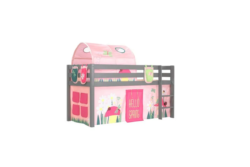 Halvhøj seng med gardin Pino Forår Grå, Grå, Uden rutsjebane, Forår, Fjeder, 3, Grå, Grå, Uden rutsjebane, Forår, Fjeder, 3