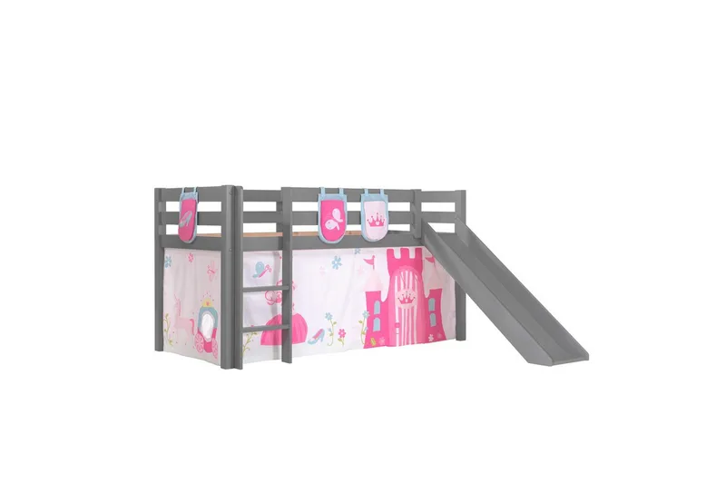 Halvhøj seng med gardin Pino Prinsesse Grå, Grå, Med rutsjebane, Uden tunnel, 3, Grå, Grå, Med rutsjebane, Uden tunnel, 3