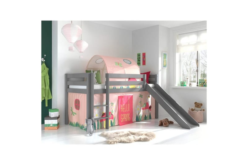 Halvhøj seng med gardin Pino Forår Grå, Grå, Med rutsjebane, Forår, Fjeder, Uden lommer - Grå, Grå, Med rutsjebane, Forår, Fjeder, Uden lommer - Møbler - Børnemøbler - Børneseng & juniorseng - Højseng børn