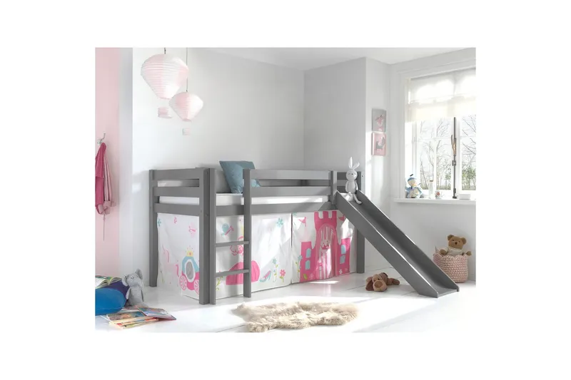 Halvhøj seng med gardin Pino Prinsesse Grå, Grå, Med rutsjebane, Uden tunnel, Ingen lommer - Grå, Grå, Med rutsjebane, Uden tunnel, Ingen lommer - Møbler - Børnemøbler - Børneseng & juniorseng - Højseng børn
