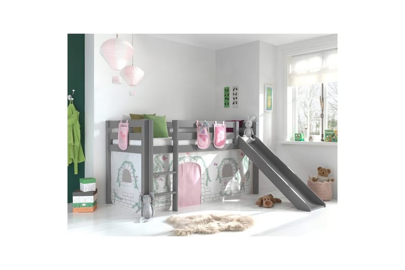 Halvhøj seng med gardin Pino Birdy Grå, Grå, Med rutsjebane, Uden tunnel, 3 - Grå, Grå, Med rutsjebane, Uden tunnel, 3 - Møbler - Børnemøbler - Børneseng & juniorseng - Højseng børn