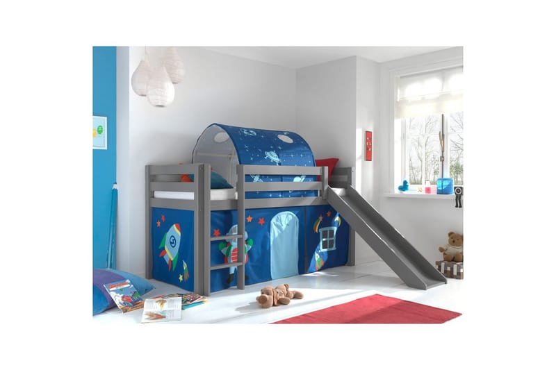 Halvhøj seng med gardin Pino Astro Grå, Grå, Med rutsjebane, Med tunnel, Ingen lommer - Grå, Grå, Med rutsjebane, Med tunnel, Ingen lommer - Møbler - B ørnemøbler - Børneseng & juniorseng - Højseng børn