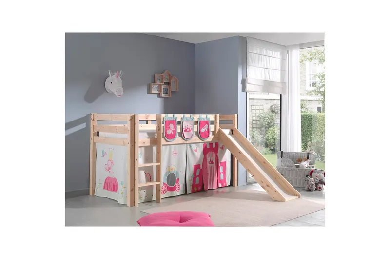 Halvhøj seng med gardin Pino Prinsesse Naturlig, Naturlig, Med rutsjebane, Uden tunnel, 3 - Naturlig, Naturlig, Med rutsjebane, Uden tunnel, 3 - Møbler - Børnemøbler - Børneseng & juniorseng - Højseng børn