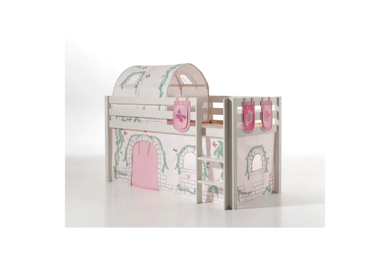 Halvhøj seng med gardin Pino Birdy Hvid, Hvid, Uden rutsjebane, Birdy, 3, Hvid, Hvid, Uden rutsjebane, Birdy, 3