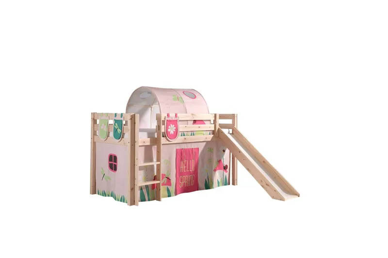 Halvhøj seng med gardin Pino Forår Naturlig, Naturlig, Med rutsjebane, Forår, Fjeder, 3, Naturlig, Naturlig, Med rutsjebane, Forår, Fjeder, 3