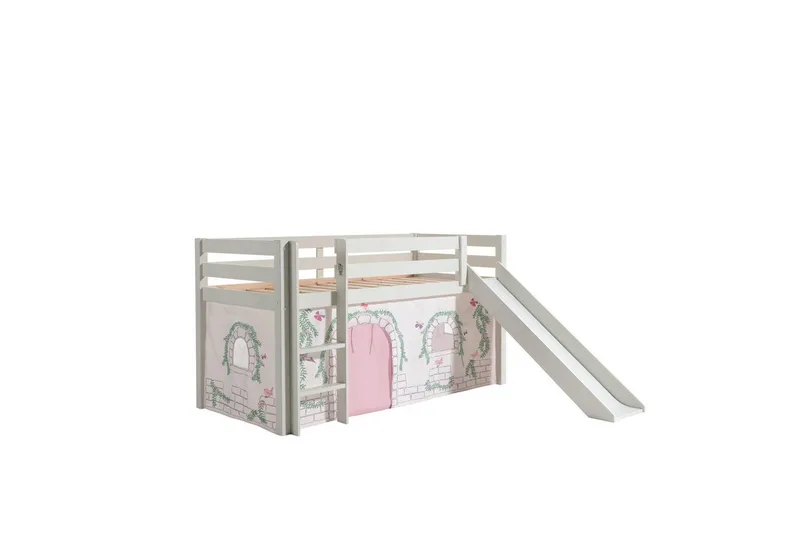 Halvhøj seng med gardin Pino Birdy Hvid, Hvid, Med rutsjebane, Uden tunnel, Ingen lommer, Hvid, Hvid, Med rutsjebane, Uden tunnel, Ingen lommer