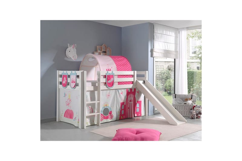Halvhøj seng med gardin Pino Prinsesse Hvid, Hvid, Med rutsjebane, Prinsesse, 3 - Hvid, Hvid, Med rutsjebane, Prinsesse, 3 - Møbler - Børnemøbler - Børneseng & juniorseng - Højseng børn