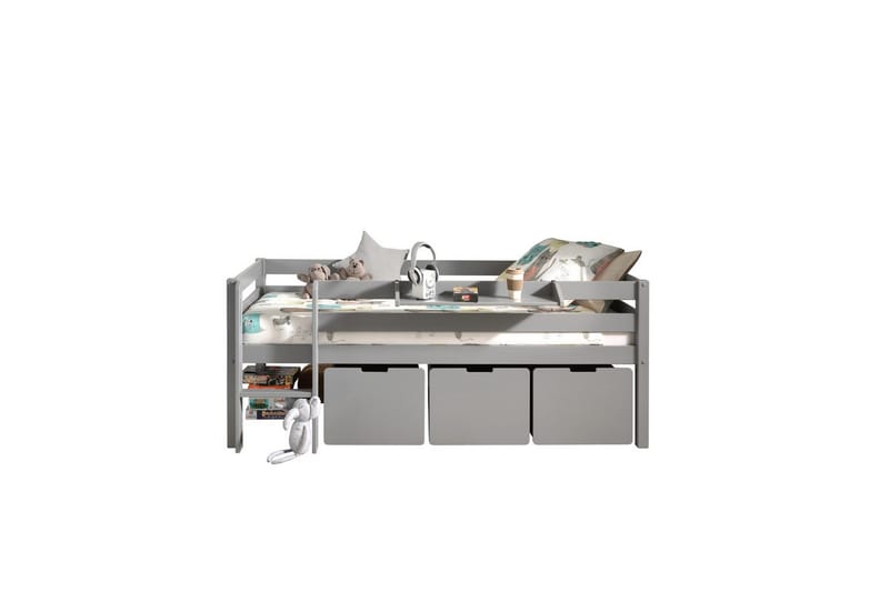 Halvhøj seng med stige og skuffer Pino Grå, Sæt med 3, Med hængende hylde - Grå, Sæt med 3, Med hængende hylde - Møbler - Børnemøbler - Børneseng & juniorseng - Højseng børn